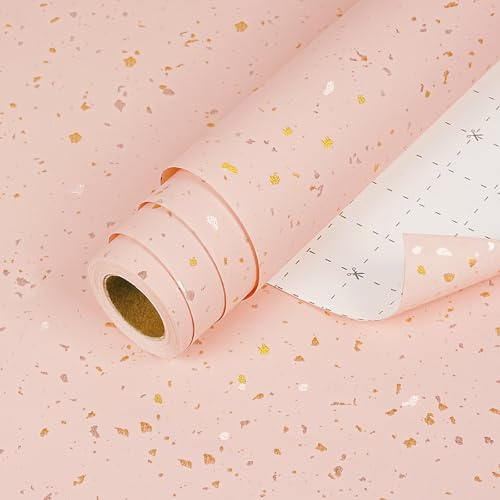Rosa Gold Geschenkpapier Rolle, 43cm x 10m mattes Rosa Kraftpapier Geschenkpapier mit Gold- und Silberfolien Design, Geschenkpapierrolle für Geburtstag, Hochzeit, Weihnachten, Neujahr, Feiertage