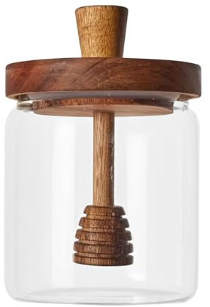 Honigtopf aus mit Dipper – Honigglas aus, mit Deckel aus Holz | 500 ml Sirup-Aufbewahrungsbehälter, natürlicher Bienenstockbehälter mit Stäbchen, Serviertisch für Tee