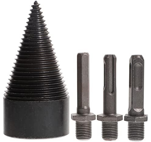 DIYEAH Wood Drill Bit Firewood Splitter Cone 50mm Steel Log Splitter Drill Bit Tool with 3 Hex Shank Adapters Firewood Splitting and Woodworking Use