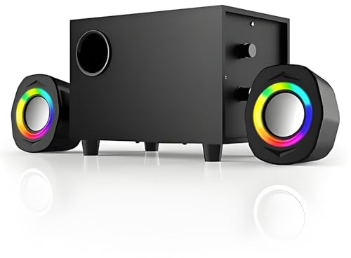 WMQ 2.1 PC Speakers with Subwoofer, Desktop Computer Speakers Gaming, Speakers for Monitor, Stereo Speaker Set, 3.5mm Aux, USB Powered, Volume Control, LED Lights,Black