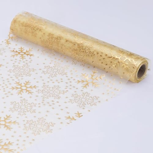 Vookkp Tischläufer Weihnachten Gold Silvester 28cm X 10m Weihnachten Tischdeko Goldener Tischläufer Mit Schneeflockendruck Für Weihnachts Party Deko