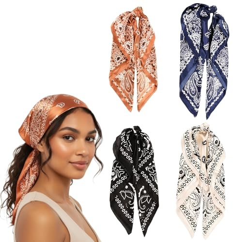 4 Stück 90x90cm Satin Bandana, Elegante Quadrat Seide Gefühl Satin Schal, Seidentuch zum Mehrzweck-Accessoire, Große Quadratische Schals für Damen, für Haarband, Piratenstirnband, Taschenaccessoire