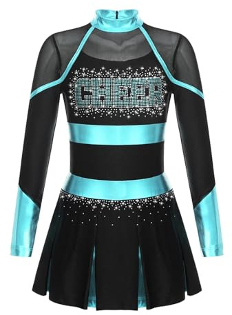 WEQYFDC Barn flickor cheer danskostym tonåring glittrande strasstenar cheerleading uniformer, metallic lapptäcke långärmad cheerleadklänning (svart blå grön, 6)