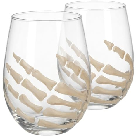 MIJOMA Set di 2 bicchieri da vino a forma di scheletro a mano, per feste di Halloween, decorazione gotica, dipinti a mano, bicchieri spaventosi in vetro, circa 500 ml, per tema horror e occasioni cupe