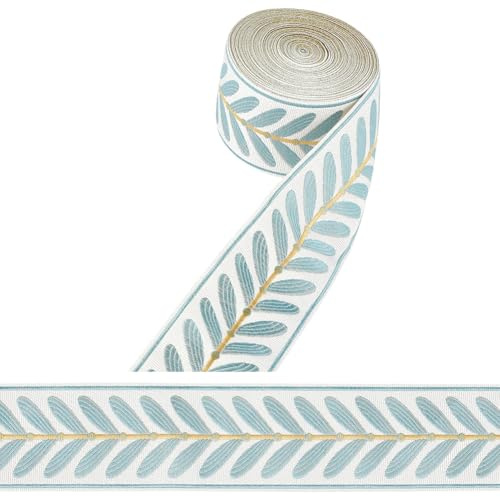 CABODYALS 10 m 60mm Breites Hellblaues Blattstickband Jacquard Webmuster Blattborte Flachband Vintage Polyesterband Zum Nähen Für Kleidung Heimdekoration DIY Bastelarbeiten