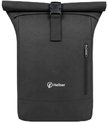 HELLSER Rolltop Rucksack – Laptoprucksack mit 15,6 Zoll Fach, erweiterbar & Koffergurt – wasserabweisend, kompakt 40x29x12 cm für Uni, Schule, Alltag, Reisen & Handgepäck – Schwarz
