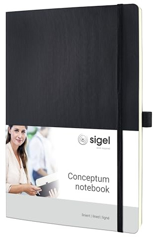 Sigel Conceptum Premium Notizbuch A4 liniert schwarz Softcover | CO311, 194 nummerierte Seiten mit Inhaltsverzeichnis, Falttasche und Stiftschlaufe