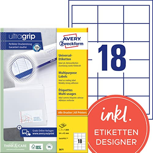 AVERY Zweckform 3671 Adressaufkleber (1.800 Klebeetiketten, 64x45mm auf A4, Papier matt, individuell bedruckbare Absenderetiketten, selbstklebende Adressetiketten mit ultragrip) 100 Blatt, weiß