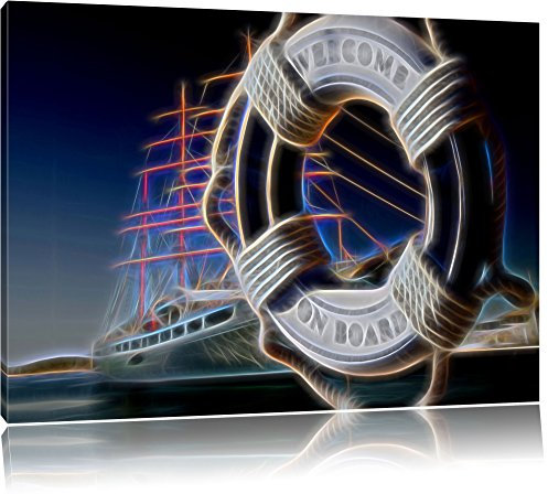 Pixxprint Dark kleiner Rettungsring im Hafen, Größe: 60x40cm, Leinwandbild, fertig gespannt, Wandbild, Dekoration, Kunstdruck, kein Poster