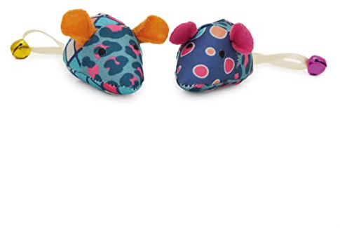 Rosewood Jolly Moggy Patchwork Mice Duo Cat Toy - Set of 2 Catnip-Infused Plush Mice With Jingle Bell Tails for Fun and Engaging Playtime