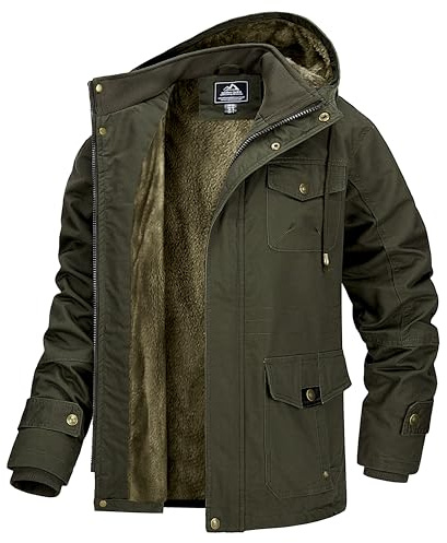 MAGCOMSEN - Giacca da uomo invernale in pile, bomber, cargo, stile militare casual, giacca a vento con cappuccio, Verde militare, L