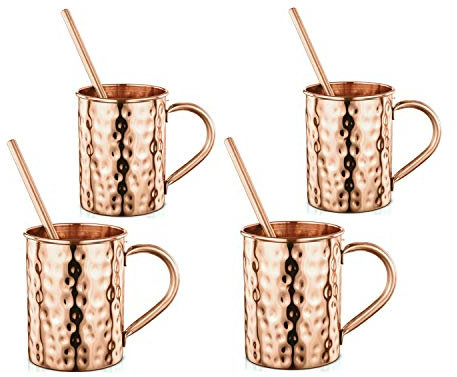 AVADOR Handcrafted Cylindrical Shape Straight 100% Pure Copper Moscow Mule Mugs Smooth Finish 16 Oz. Gift Set Boxed with Shot Glass (Set of 4)