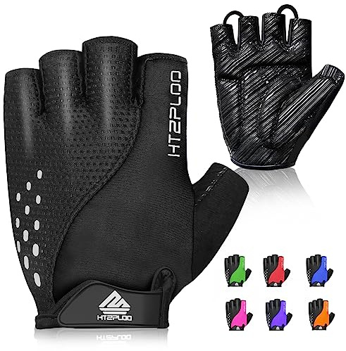 HTZPLOO Bike Gloves for Men Women - Anti-Slip Cycling Biking Half Finger Gloves, Lightweight, Nice Fit, with Shock-Absorbing Pad (Deep Black, Large)