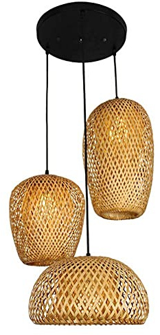 COCOL Hängelampe aus Bambus, gewebt, Retro, Landschaft, Korridor, Hängeleuchte, handgewebt, dreiteiliges Set, E27, Bambus, Natur, Wohnzimmer, Esstisch, Esszimmer, Kronleuchter, dekoratives Licht