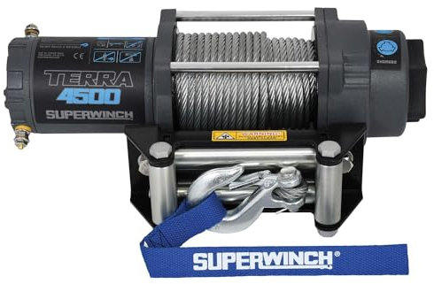 Superwinch Terra 4500 12 V DC 2041,2 kg verricello UTV/ATV a Linea Singola con passacavo a Rullo, 1145260 x 15,2 m, Cavo in Acciaio, Telecomando Portatile, Interruttore Manubrio