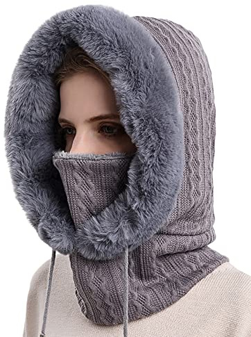 SEAUR 3 in 1 Sturmhaube Damen Schlupfmütze Fleece Gefüttert Wintermütze Strickmütze Skimütze Warm Balaclava Fahrrad Mütze Schal Gesichtsmaske - Grau
