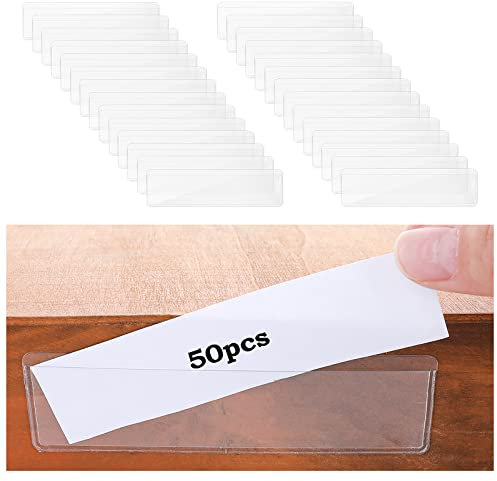 Thinp 50 Pieces Label Holders, Self Adhesive Clear Shelf Tag Index Card Pockets Storage Bin Labels Drawer Labels Holder for Supermarket Bookshelf Kitchen Library Organizing (3x11cm)