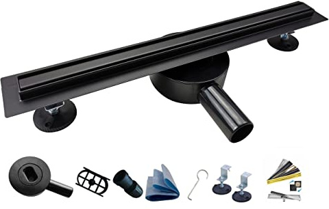 AQUA HEATING Duschrinne, 20 mm breit, 360° Siphon, 80 cm, Schwarz Matt