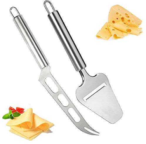 2 Stück Käsehobel Käsemesser, Edelstahl Käsehobel Käsemesser Set, Multifunktional Leicht Käsehobel Rund Griff Zum Käsemesser Cheese Slicer mit Öse für Weichkäse, Schokolade, Pizza, Kuchen, Butter