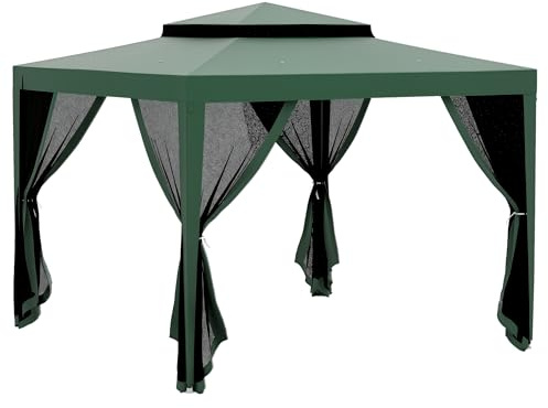 Outsunny Carpa de Jardín 3x3 m Cenador Desmontable de Exterior Gazebo con 4 Mosquiteras Laterales Techo Doble y Marco Metálico Anti-UV Impermeable Pabellón para Terraza Patio Verde