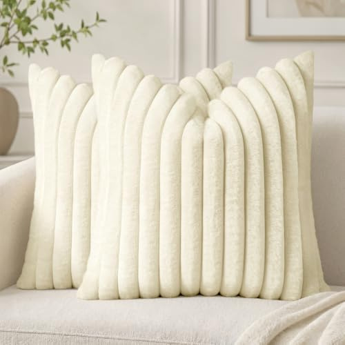 MIULEE 2er Set Kissenbezug 45×45cm Breitstreifen Plüsch Beige | Polyester Plüsch Weich Kuschelig Pflegeleicht Dekorativ für Sofa Wohnzimmer Schlafzimmer Kinderzimmer und Gästezimmer