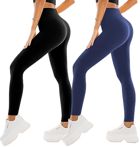 SINOPHANT 2 Leggins Mujer Pantalon Yoga Mallas Deporte Leggings Suaves Elásticos de Cintura Alta Tallas Pilates S-M 2 Negro/Azul Marino
