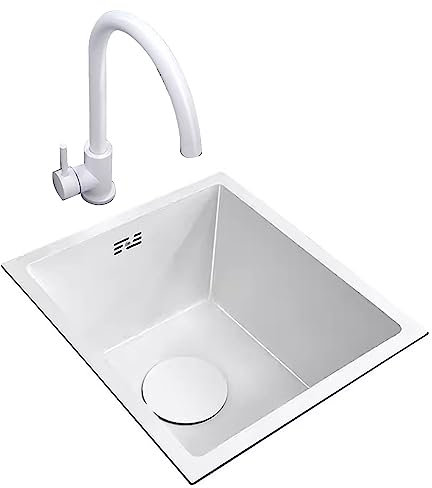 Fregadero De Acero Inoxidable Blanco Fregadero Bajo Encimera Fregadero De Bar Pequeño Fregadero De Cocina Blanco Grifo Blanco Accesorios Incluidos (S : 45x40x20cm)