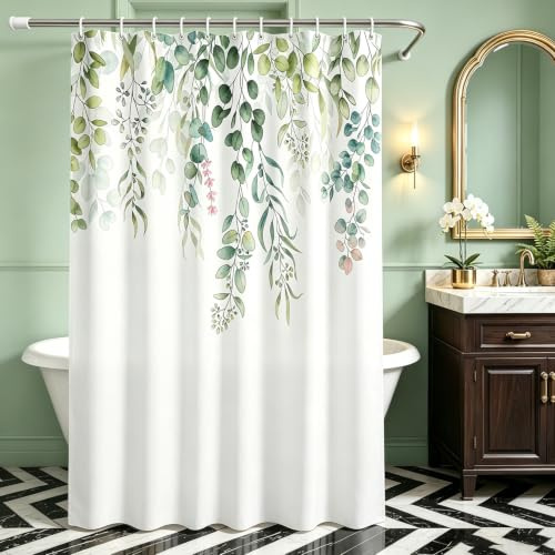 Lerores Duschvorhang 240x180 cm,Grün Blätter Antischimmel Textil,Beschwerter Saum Wasserabweisend,Waschbar Polyester Stoff Badevorhänge mit 16 Ösen und Duschvorhangringe für Badezimmer,Badewanne