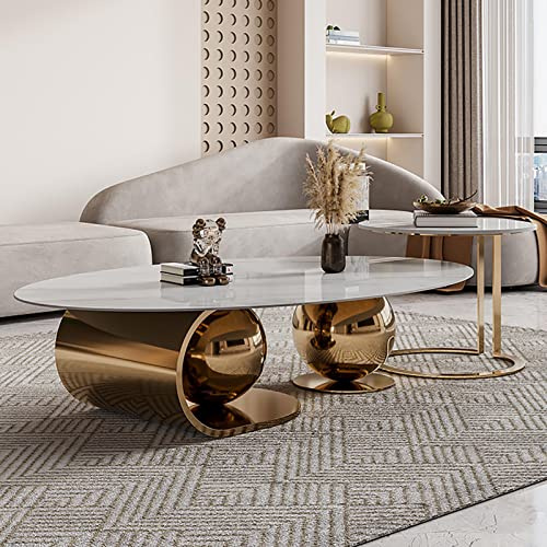 WestUx Marmor Modern Oval Set von 2 Couchtisch, Mitteltisch Edelstahl Luxus Desktop Robuste Minimalistische Heimmöbel für Wohnzimmer,A,130CM
