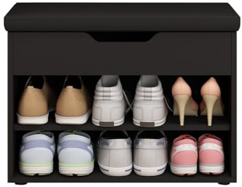 Senvoziii Modern Black Shoe Storage Bench with Cushion, 2-Tier Shoe Rack, Hidden Storage, 60cm(L) x 29.5cm(W) x 46.5cm(H), Maximum Load: 250 lb