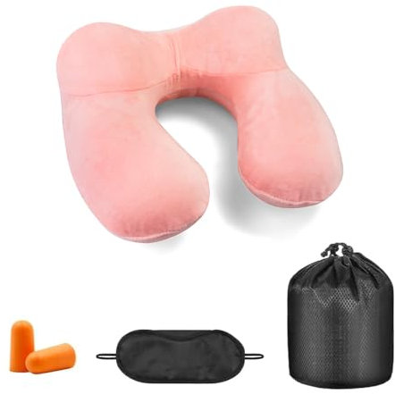 HXSYKJDM Nackenkissen Aufblasbar, Aufblasbares Reisekissen mit Augenmaske/Ohrstöpsel/Tasche Nackenhörnchen Kompakte für Reise Flugzeug Auto Büro, Rosa