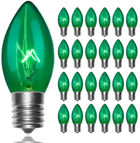 Wxuean C9 Christmas Light Replacement Bulbs, 25 Pack Clear Green Christmas Light Bulbs, E17 Intermediate Base Bulb for Outdoor String Lights St Patricks Day Xmas Lights, 7Watt