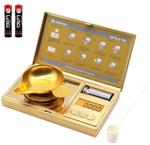 UNIWEIGH 50g/0.001g Feinwaage Hochpräzise, Electronische Milligramm Waage,Schmuckwaage mit Tara,6 Einheiten-Pulverwaage,Mikro-Gramm-Waage für Pulvermedizin,Edelstein,Wiederladewaage Gold