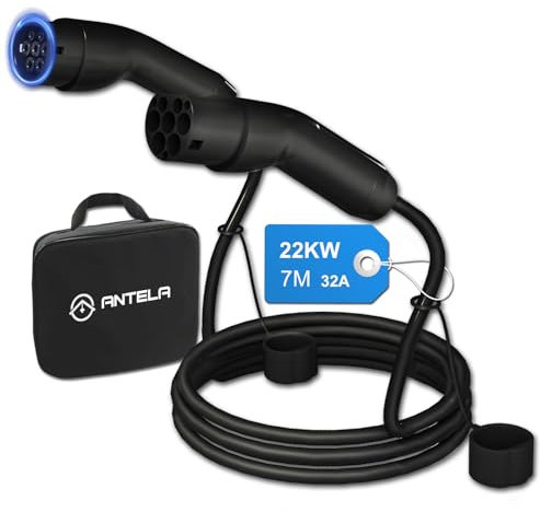 ANTELA Cavo di Ricarica Tipo 2 32A / 22 kW / 3 Fase / 7M, Cavo di Ricarica Rapida EV da Tipo 2, per Auto Elettriche EV PHEV con Borsa di Trasporto