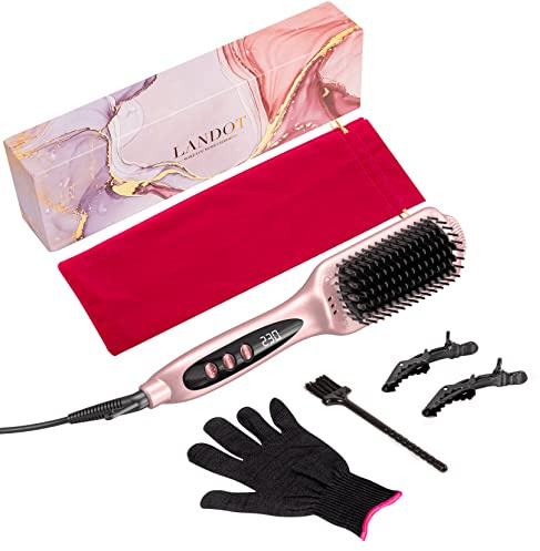 LANDOT Hair Straightener Brush for Thick Curly Afro Hair – Ionic Ceramic Hot Comb, 12 Heat Settings 120-230°C, Anti-Scald, Fast 30s Heating, Dual Voltage 110-240V for Travel