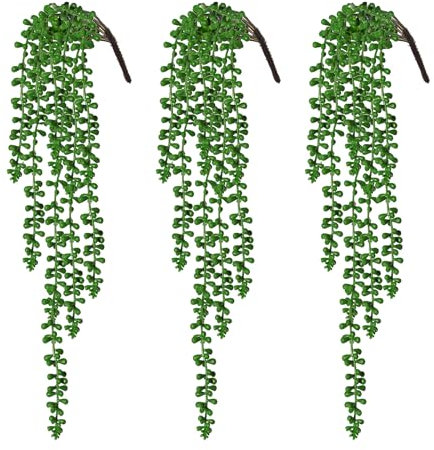 RECUTMS 3 plantas colgantes artificiales suculentas falsas, plantas colgantes de perlas, plantas artificiales de pared para interiores y exteriores, decoración del hogar