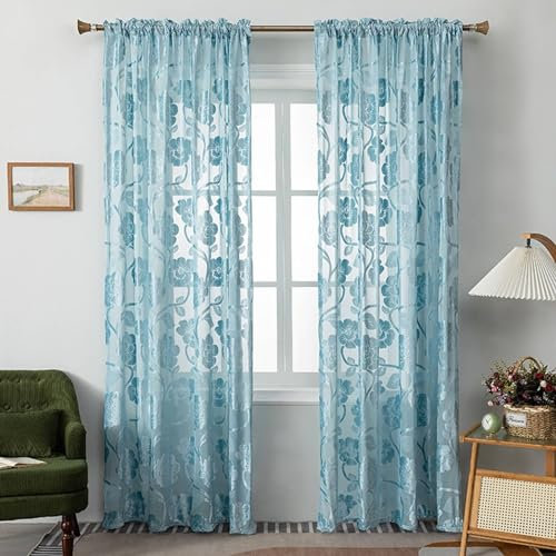 Beydodo Vorhänge Blau 2er Set Lichtdurchlässig 132x115CM, Gardine mit Stangendurchzug Jacquard Blumen Motiv Landhausstil Gardinenschals Polyester Vorhänge Halbtransparent Wohnzimmer Schlafzimmer
