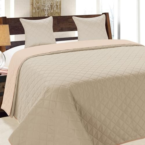 Euromat Tagesdecke Steppdecke Bettüberwurf Gesteppte Zweiseitig Tagesdecke mit 2 Kissenbezüge 40x40 cm- (Hellgrau Rosa Lachsbeige- 010, 220x240 cm)