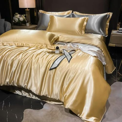 XDMING Parure de lit en Soie de mûrier, Housse de Couette légère, taie d'oreiller, Drap Plat, 4 pièces, Parure de lit, décoration de la Maison