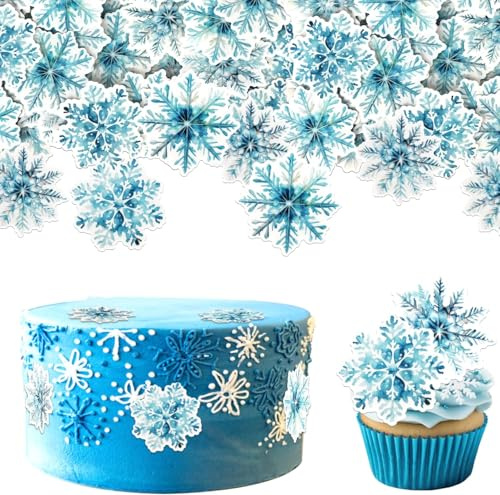 SYKYCTCY 50 Pack Edible Snowflake Cupcake Toppers Blue Winter Frozen Snowflake Cake Picks Decorations for Snowflake Theme Winter Wonderland Baby Shower Birthday Christmas Party Supplies