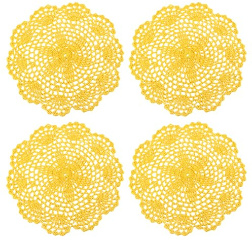 sourcing map Spitzendeckchen, 4 Stück, 20,3 cm, Baumwolle, gewebt, rund, gehäkelt, Untersetzer, Blumendesign, Stoff, handgefertigt, Platzset für Getränke, Hochzeit, Party, Dekoration (gelb)