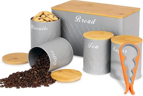 ATEK Kitchen Canister Set with Bread Bin, Tea Coffee Sugar Storage Tins | Tea Coffee Sugar Canister Set, Can Opener Included, Round Biscuit Jars, Kitchen Counter Organization