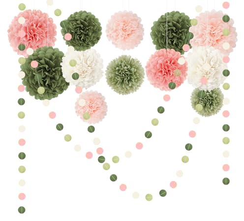 NICROHOME EUR Salbeigrün Partydekorationen 15 Stück – Grün Rosa Seidenpapier Pompons und Papiergirlande für Geburtstag, Hochzeit, Babyparty, Gartenparty – Seidenpompons Deko Set mit Papier Girlande