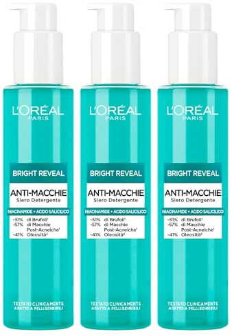 L'Oréal Paris Bright Reveal Reinigungsserum für das Gesicht, gegen Unvollkommenheiten, reduziert Pickel, hellendes Peeling mit Niacinamid und Salicylsäure, 3 Flaschen à 150 ml