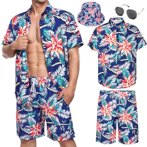 Hawaii skjorta män, Hawaii-kostym män sommar, Hawaii-skjorta kortärmad skjorta, shorts, hatt, strand, semester, fest, festival, Mörkblå, XXL