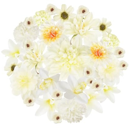Zequech 35 flores de plástico para manualidades, mini flores decorativas en color blanco, serie de flores para ramo de novia, placa de pared, boda, fiesta, hogar, jardín, bricolaje, decoración de