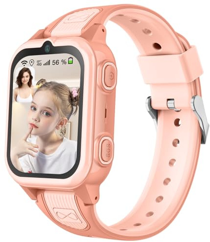 Montre Connectée Intelligente Enfant avec 4G WiFi GPS Téléphone Contrôle Parental Étanche Appels Vidéo SMS SOS Mode Cours Rejet Appels Inconnus Appareil Photo Réveil Musique pour Garçon Fille (Rose)