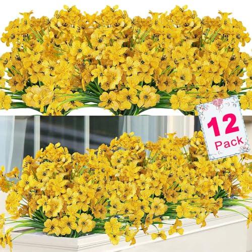 Titifeya 12 Bundles Artificial Yellow Violet Flowers Outdoor UV Resistant Plastic Fake Flowers Faux Plants for Garden Window Box Hanging Planter Indoor Home Porch Decor