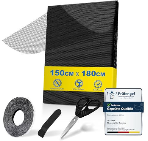 teeppo Fliegengitter Fenster 150 x 180 cm - Schwarz, Insektenschutz Fenster Zuschneidbar mit Klettband Selbstklebend, Fliegennetz ohne Bohren, Moskitonetz Fenster aus Polyester, Kinderleichte Montage