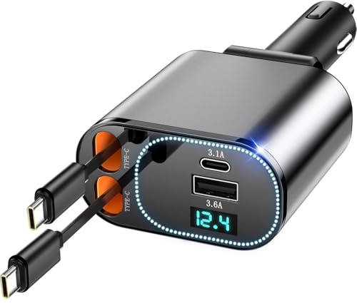 Retractable Car Charger 123W Car Phone Charger Car Power Adapter with Dual USB C Cables USB A PD QC 4 in 1 Fast Charging Cigarette Lighter for iPhone 16/15 Samsung Galaxy S25/S24 Ultra MacBook, Laptop